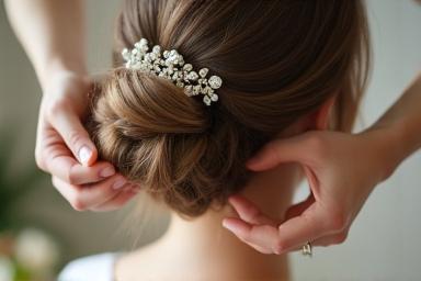 Bridal hair arrangement in progress